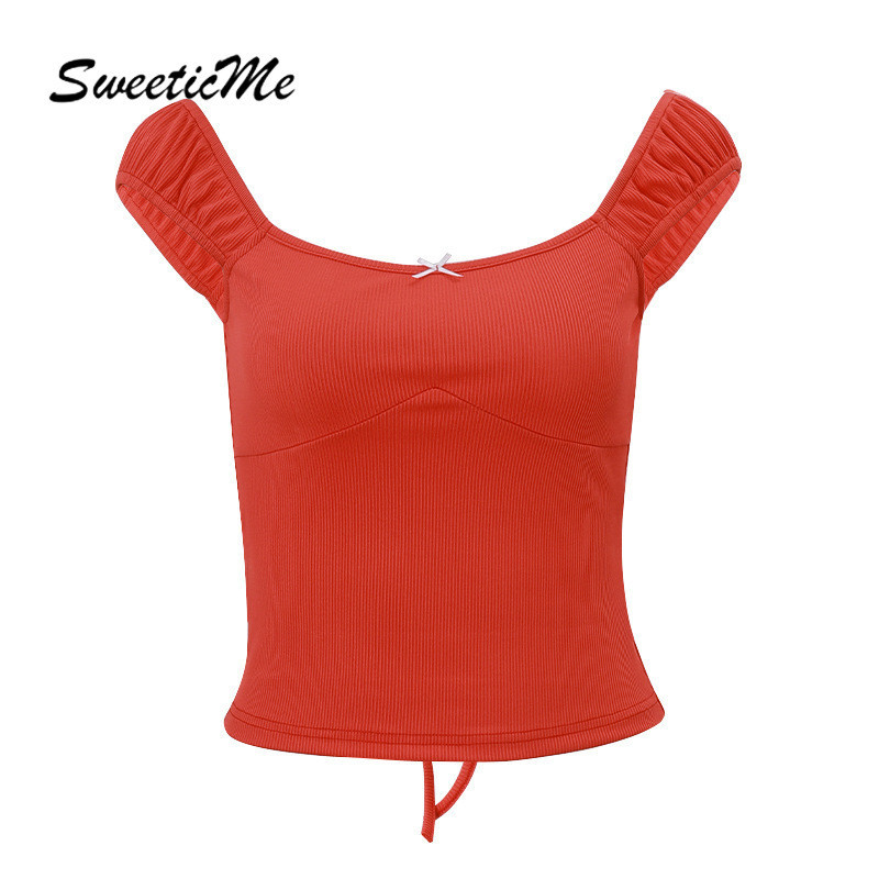 Sweeticme ใหม่ เสื้อยืด คอสี่เหลี่ยม แขนพอง ผูกเชือกด้านหลัง เซ็กซี่ แฟชั่นสําหรับสตรี 2024