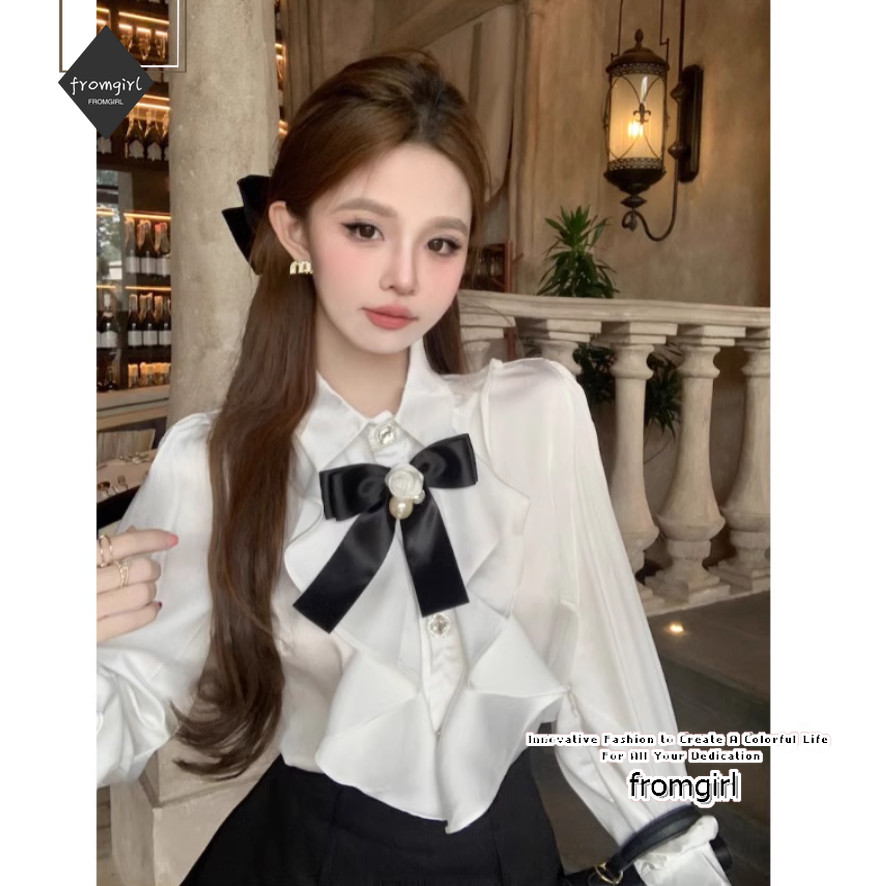 เสื้อเชิ้ต ผ้าซาติน สีขาว แฟชั่นฤดูใบไม้ผลิ สไตล์ฝรั่งเศส