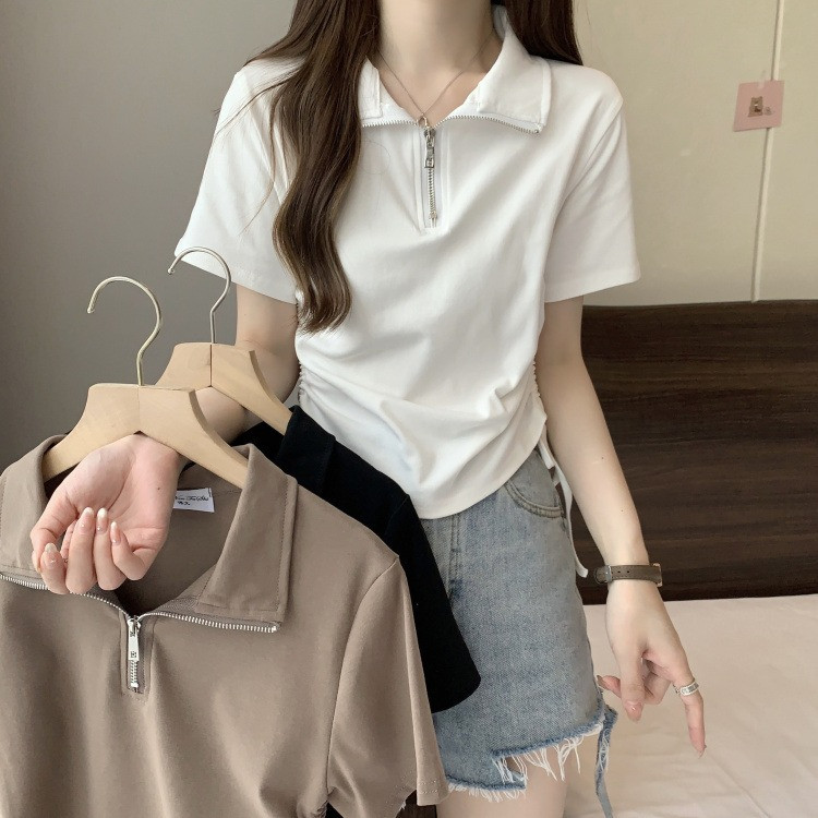 P เสื้อยืดโปโล แขนสั้น เปิดไหล่ มีซิป ออกแบบดี แบบผูกเชือก เข้ารูป เหมาะกับฤดูร้อน สําหรับผู้หญิง