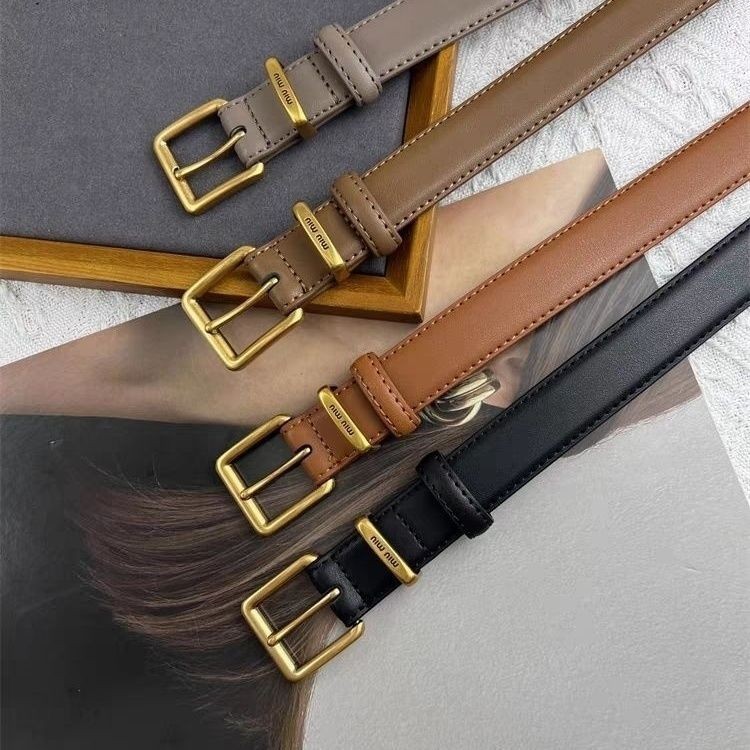 Miumiu เข็มขัดหนังวัวแท้ หัวเข็มขัดโลหะ สีทอง สําหรับผู้หญิง