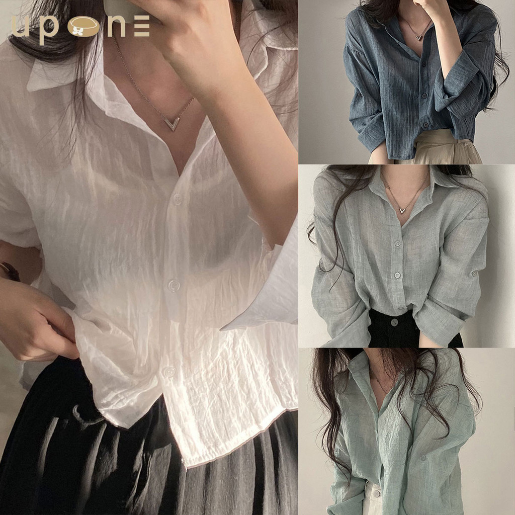 สื้อเชิ้ตกันแดด คอแบะกระดุมหน้า จับจีบแขนยาวแบบบางชิคๆ ใส่ช่วงฤดูร้อน