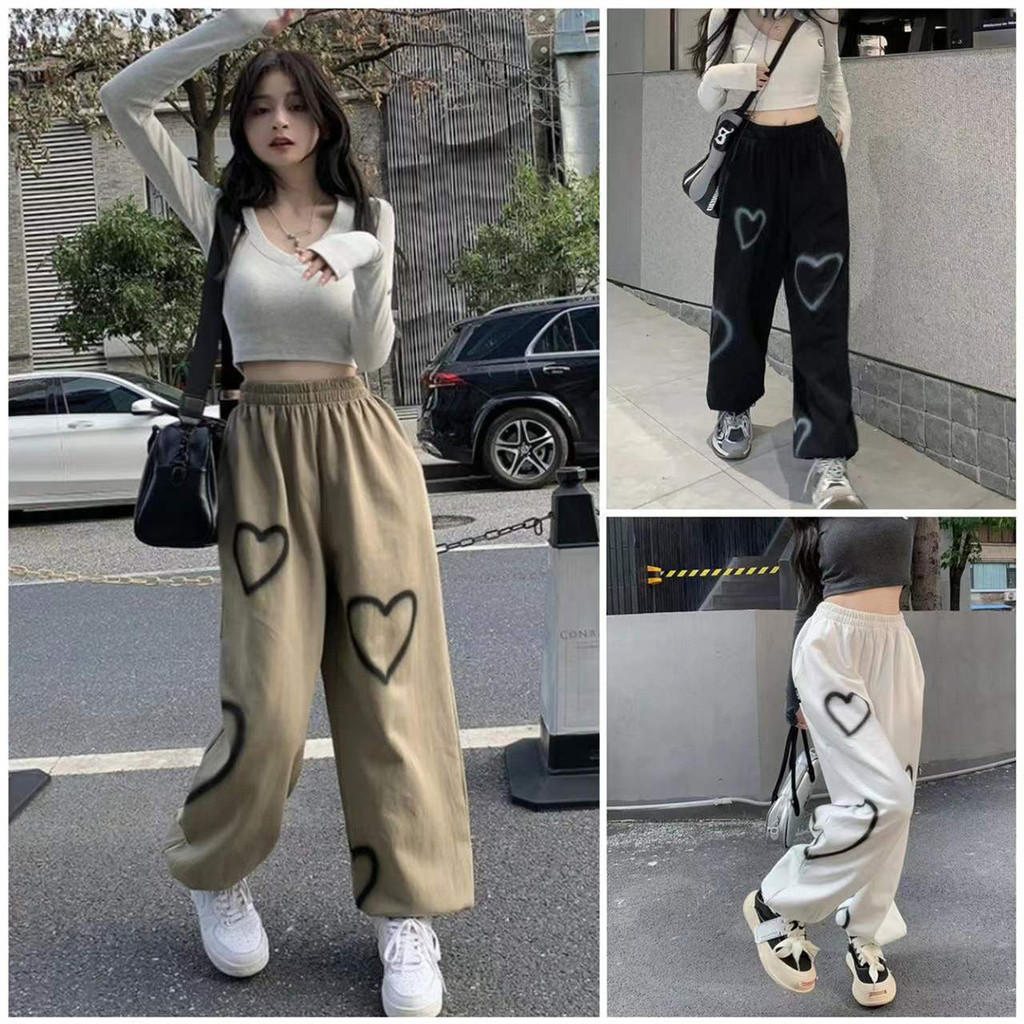 กางเกงขายาวทรงหลวม ใส่ได้ทุกวันสบายๆ พิมพ์ลายหัวใจน่ารักสุดๆ