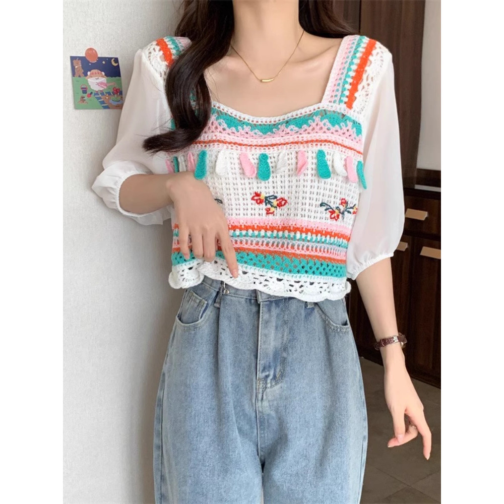 DODO✨พร้อมส่ง✨เสื้อถักไหมพรม คอเหลี่ยม เสื้อถักไหมพรม แขนสั้นผ้าชีฟอง สีพาสเทลใส่สบาย(72026)