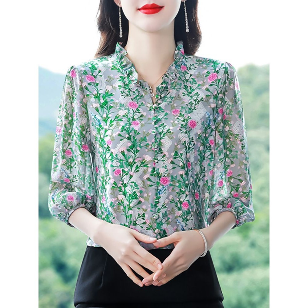 เสื้อเชิ้ตแขนสามส่วน ผ้าชีฟอง ขนาดเล็ก แฟชั่นฤดูใบไม้ผลิ และฤดูร้อน สําหรับผู้หญิง 2024