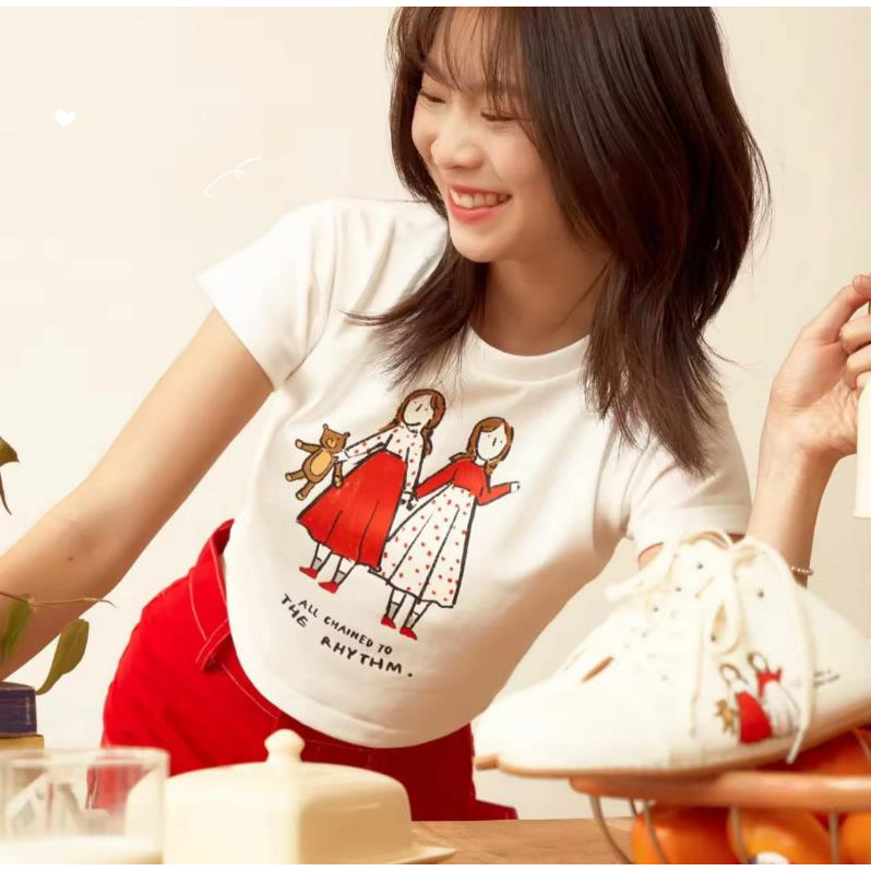 [ส่งจากโรงงาน]ออก24ชั่วโมง OOOK แบรนด์ดีไซเนอร์ตุ๊กตาหมีโบว์โน้ตแขนสั้นเสื้อยืดน่ารักสั้น