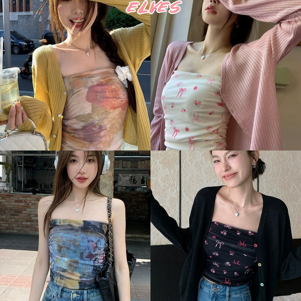 Elves พร้อม💟 เสื้อเกาะอก ผ้าชีฟองน้ำ มีฟองน้ำ มินิมอนสไตล์ ลวดลายสวยน่ารักใส่สบาย เสื้อแฟชั่น"FY6892"