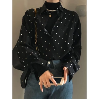 ชุดเสื้อเชิ้ตแขนยาวสไตล์เฮปเบิร์นย้อนยุคเกาหลี ปกสีบล็อก ลายจุด หลวม ลำลอง ใช้งานได้หลากหลาย สำหรับผู้หญิง P1CD