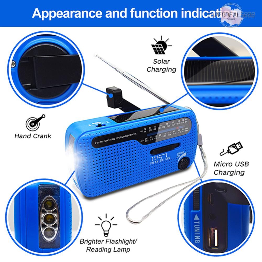 วิทยุมือหมุนพลังงานแสงอาทิตย์ วิทยุ AM/FM แบบพกพา พร้อมไฟฉาย LED สําหรับกลางแจ้ง [SuperDeals888.th]
