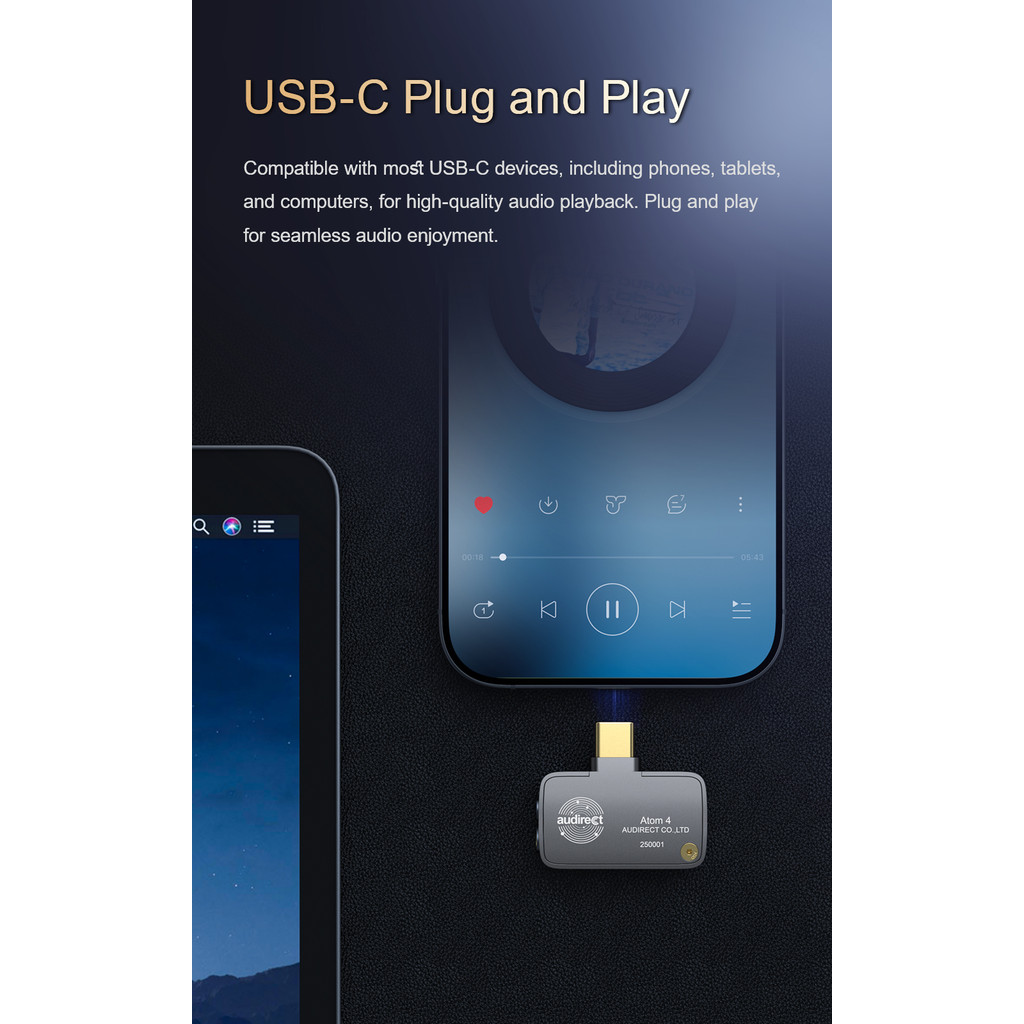 Audirect Atom4 แบบพกพา USB DAC ถอดรหัส USB C เครื่องขยายเสียงหูฟังโทรศัพท์มือถือ Dongle TYPE C AMP Atom 4
