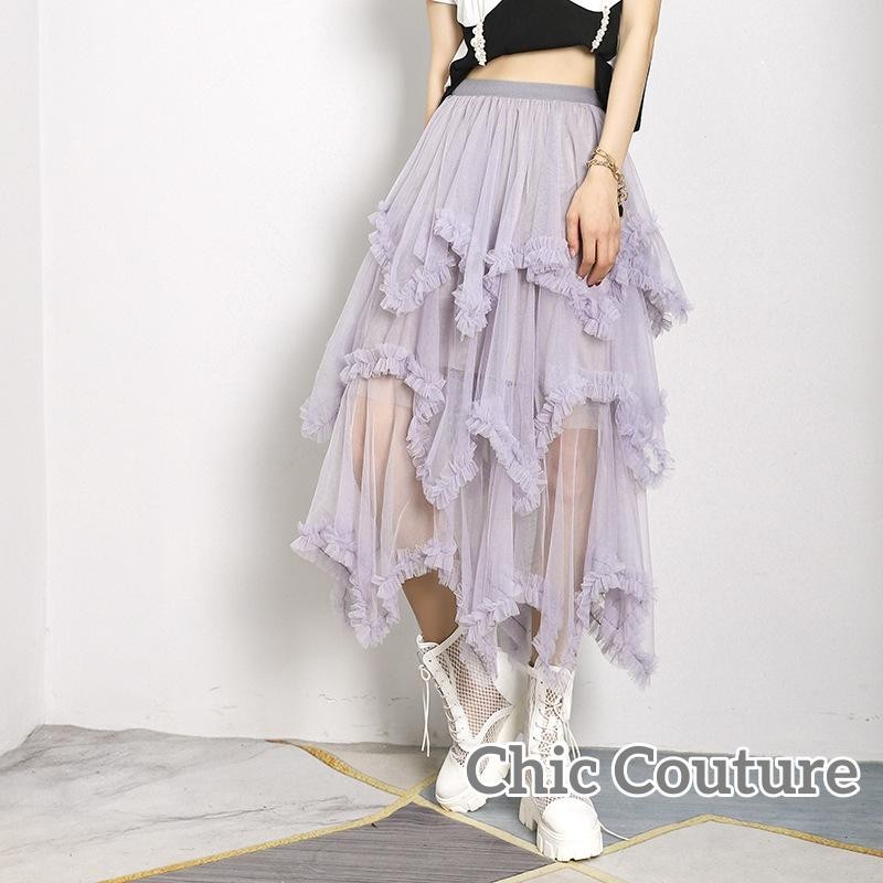 ผู้หญิงชั้นtulleกระโปรงยาวแฟชั่นเอวสูงสีทึบfrill Trim Ruffle Midi