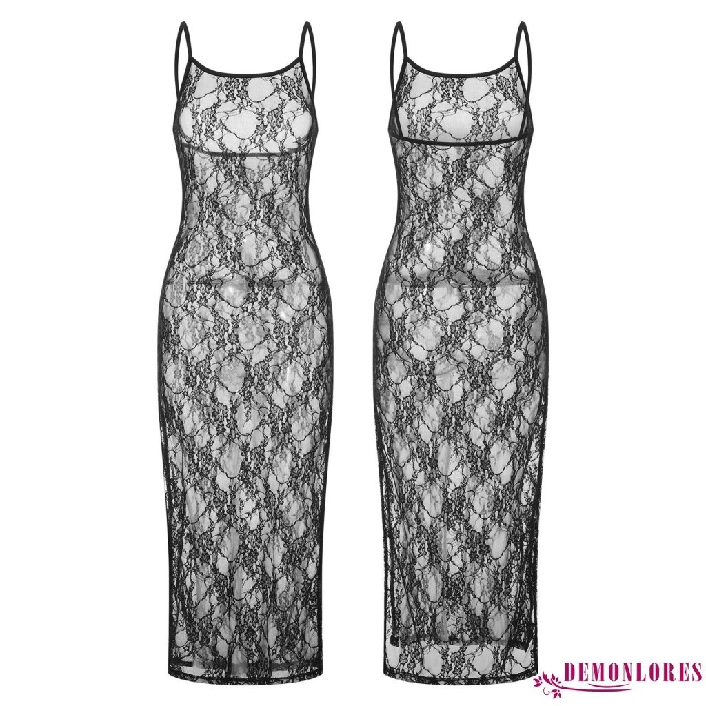 Demonlores-ผู้หญิงชุดชั้นในลูกไม้ Nightdress Cami ตาข่าย Sheer ชุดนอนแขนกุด High Slit Nightgown