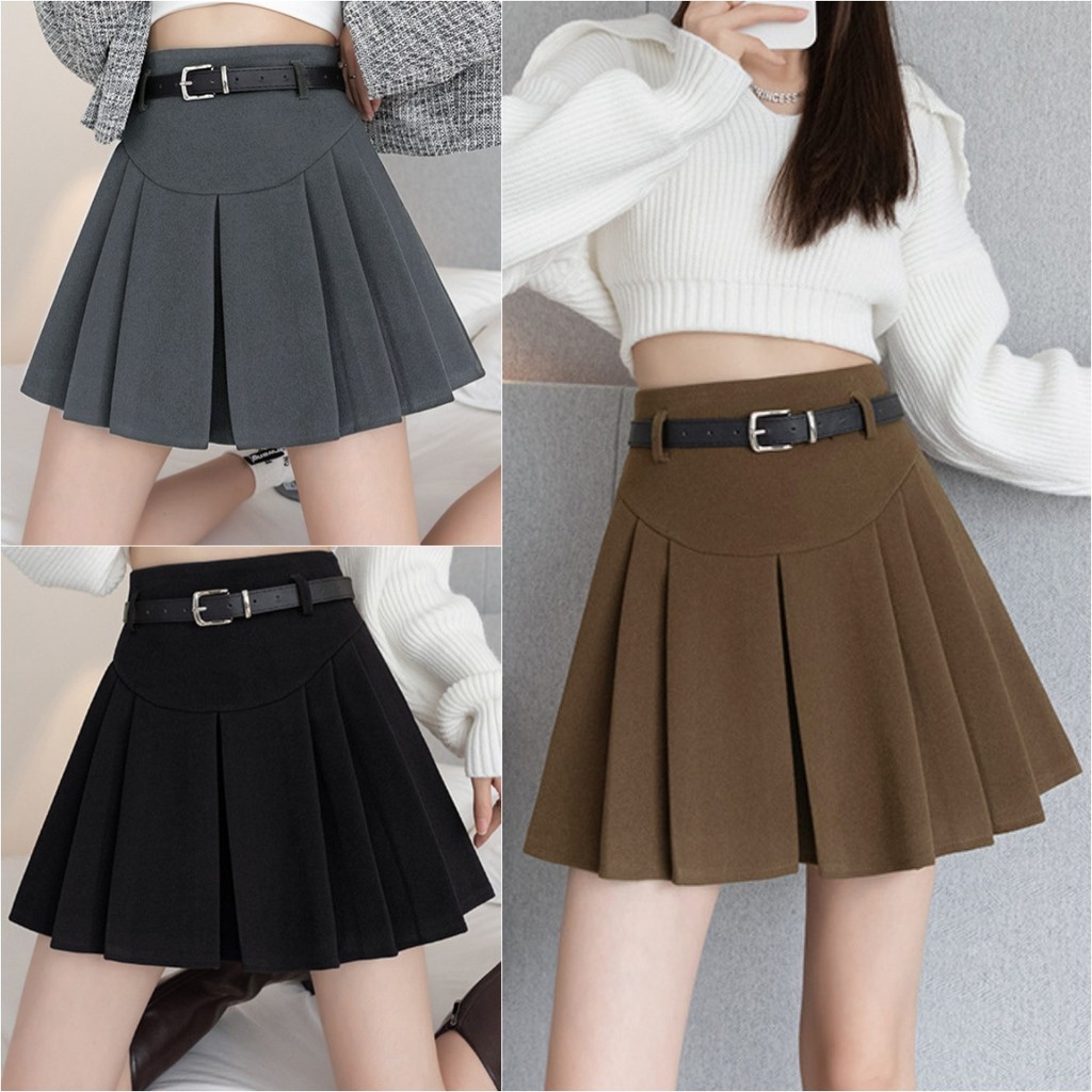 Chic พร้อมส่ง ชุดนักเรียน สไตล์ เกาหลี กระโปรง เอวสูง สั้นมินิ พลีท y2k ซิปข้าง มีซับใน