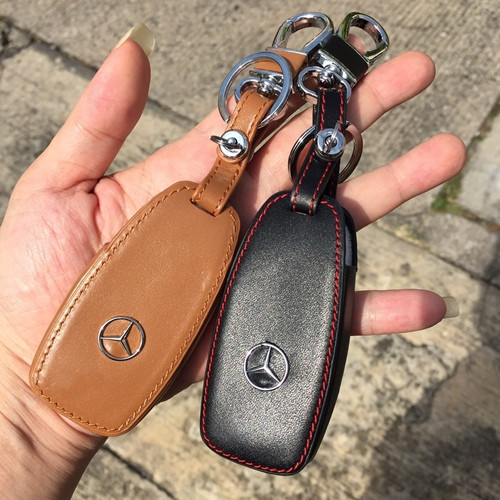 กรอบกุญแจ ซองหนังแท้ ใส่กุญแจรีโมทรถยนต์ Mercedes Benz E-Class W213,E220d,C220d Smart Key รุ่นโลโก้เหล็ก