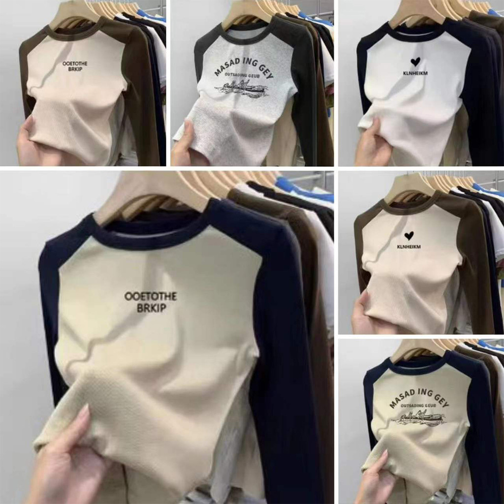 เสื้อครอปแขนยาว แต่งแขนทูโทน ลายสกรีน สไตล์โคเรีย