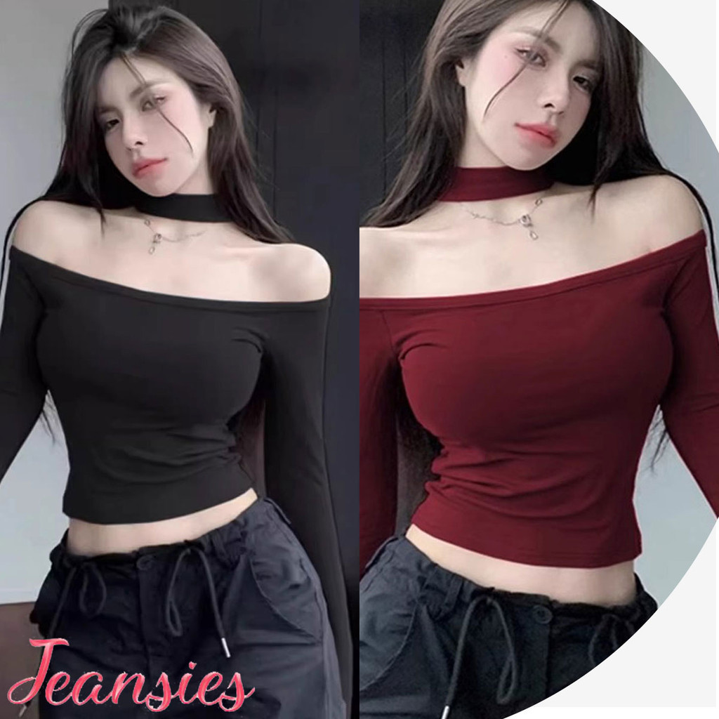 เสื้อครอปสำหรับผู้หญิง เปิดไหล่ เอวลอย มีสายคล้องคอ แฟชั่นสาวเกาหลี