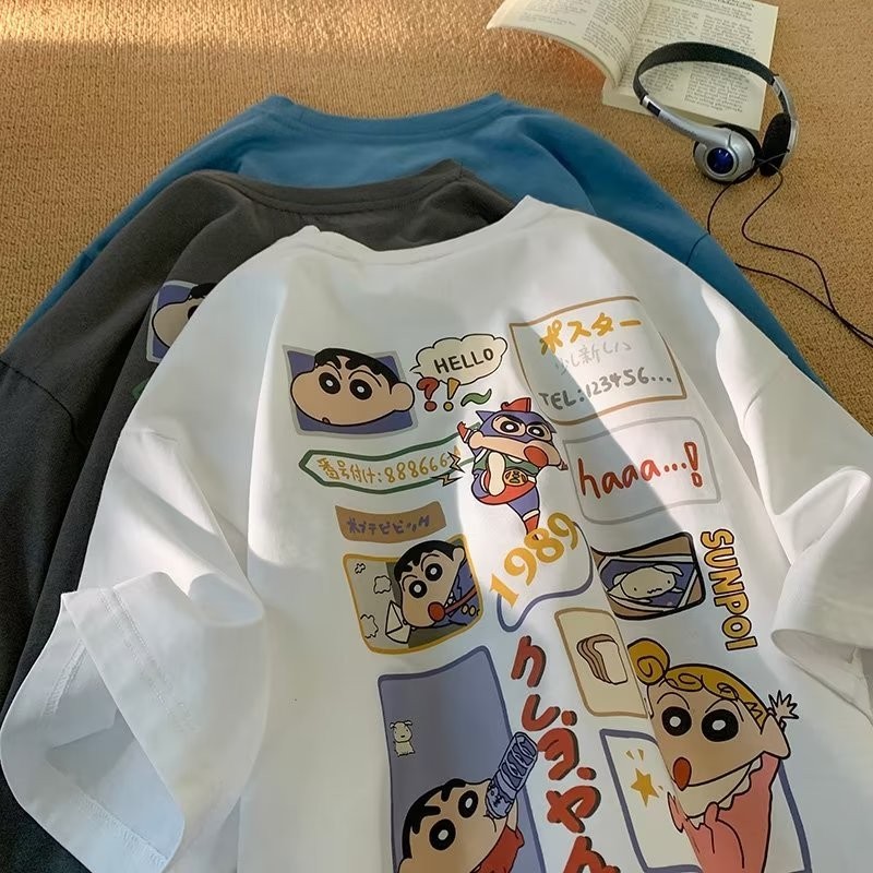 เสื้อยืด Oversize ทรงหลวม ลายการ์ตูนชินจัง สไตล์ฮ่องกง สําหรับผู้ชาย