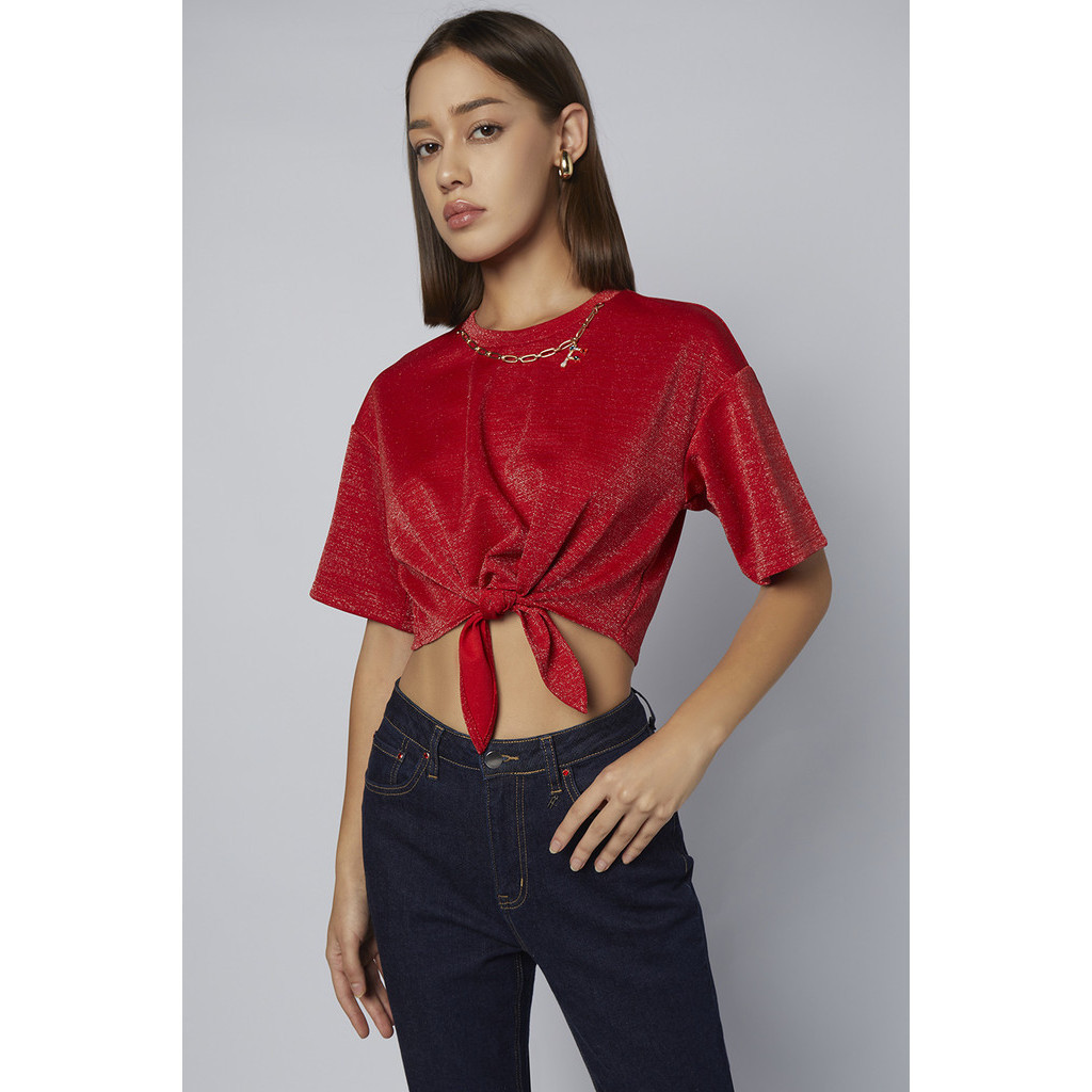 ffashion เสื้อทีเชิ้ตแต่งสร้อยคอ ผู้หญิง | Front Knot Tee Shirt with Embellished Necklace | 06328