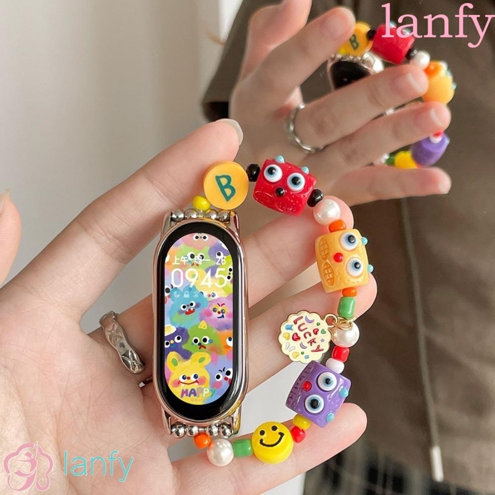 Lanfy สายนาฬิกาข้อมือแฟชั่น เรซิ่น ประดับลูกปัด ลายการ์ตูน ยืดหยุ่น แบบเปลี่ยน สําหรับ Xiaomi Mi Band 8