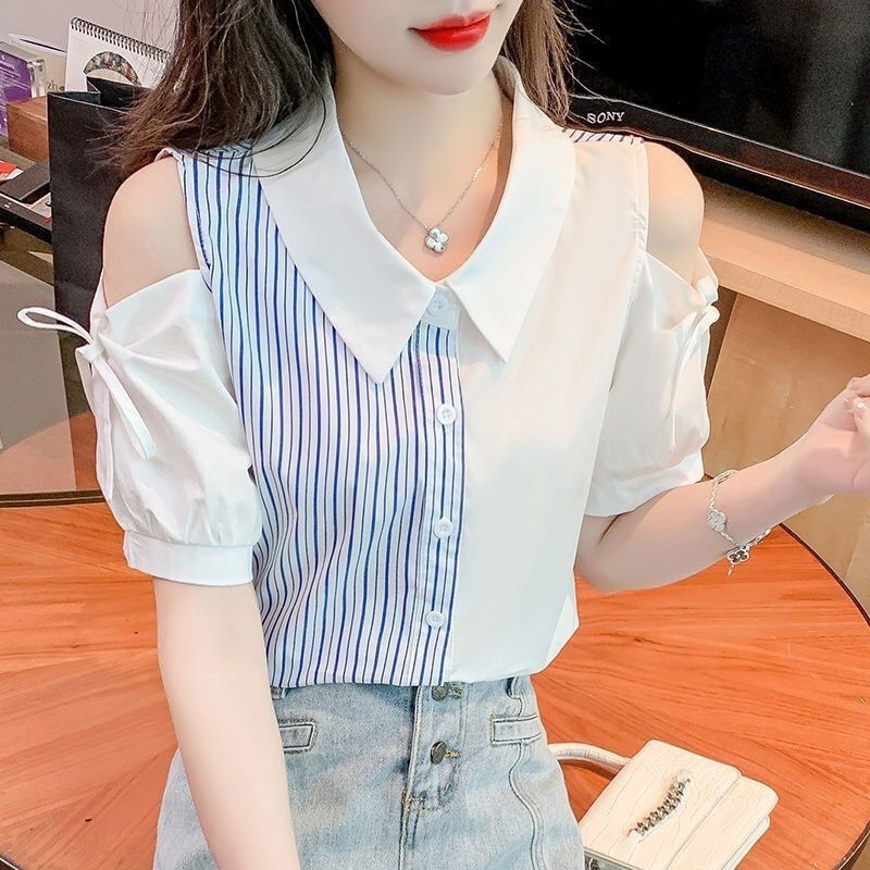 ส่งไวจากไทย⭐Summer⭐S-3XLเสื้อเชิ้ตแขนสั้น เปิดไหล่ ผ้าชีฟอง แฟชั่นฤดูร้อน สําหรับผู้หญิง
