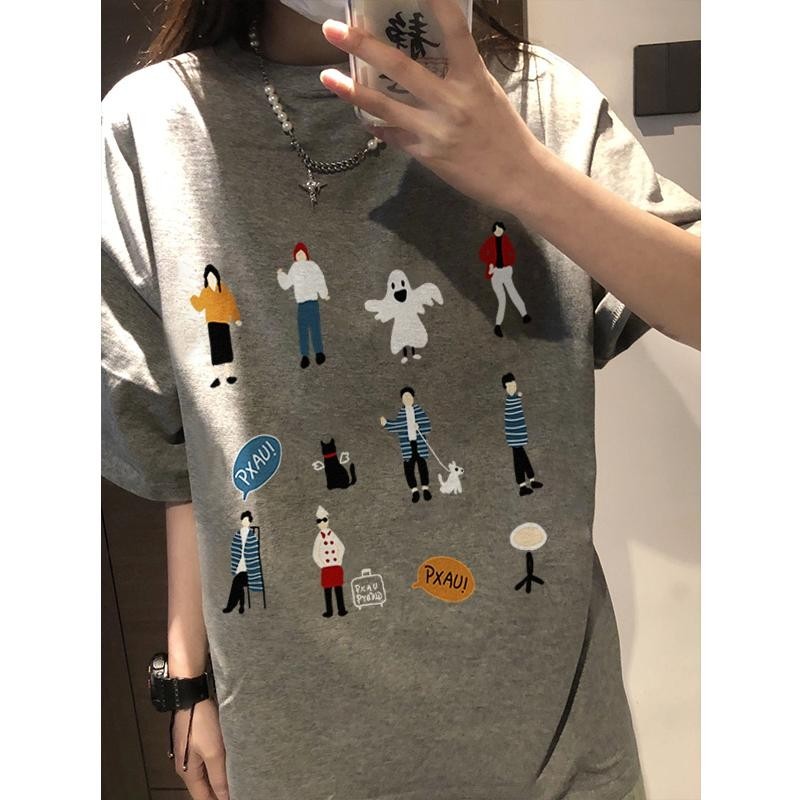 Lucifer （จัดส่งตลอด 24 ชั่วโมง） เกาหลี oversize คอกลม เสื้อยืด CMDXY0545 ผ่อน ผ้าคอตตอน ลายสกรีน ฤดูร้อน สบาย