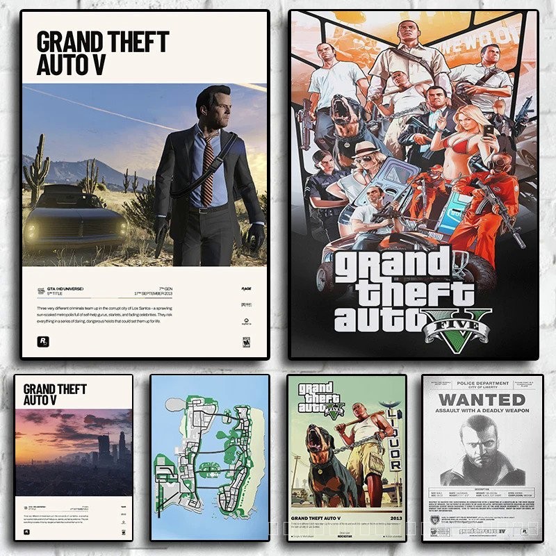 โปสเตอร์ภาพวาดผ้าใบ ลายเกมวิดีโอ GTA 5 Grand Theft Auto สไตล์นอร์ดิก สําหรับตกแต่งผนังห้องเด็ก