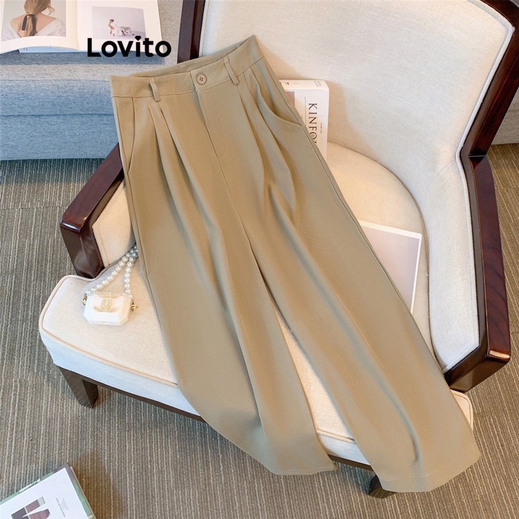 Lovito กางเกงผู้หญิง มีกระดุม มีกระเป๋า สีพื้น สไตล์ลำลอง LNA34130 (สีกากี)