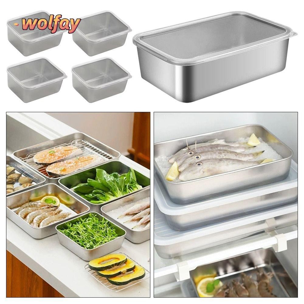 Wolfay กล่องสเตนเลส ทรงสี่เหลี่ยม พร้อมฝาปิด สําหรับใส่อาหารแช่แข็ง ตู้เย็น S M L 1 ชิ้น