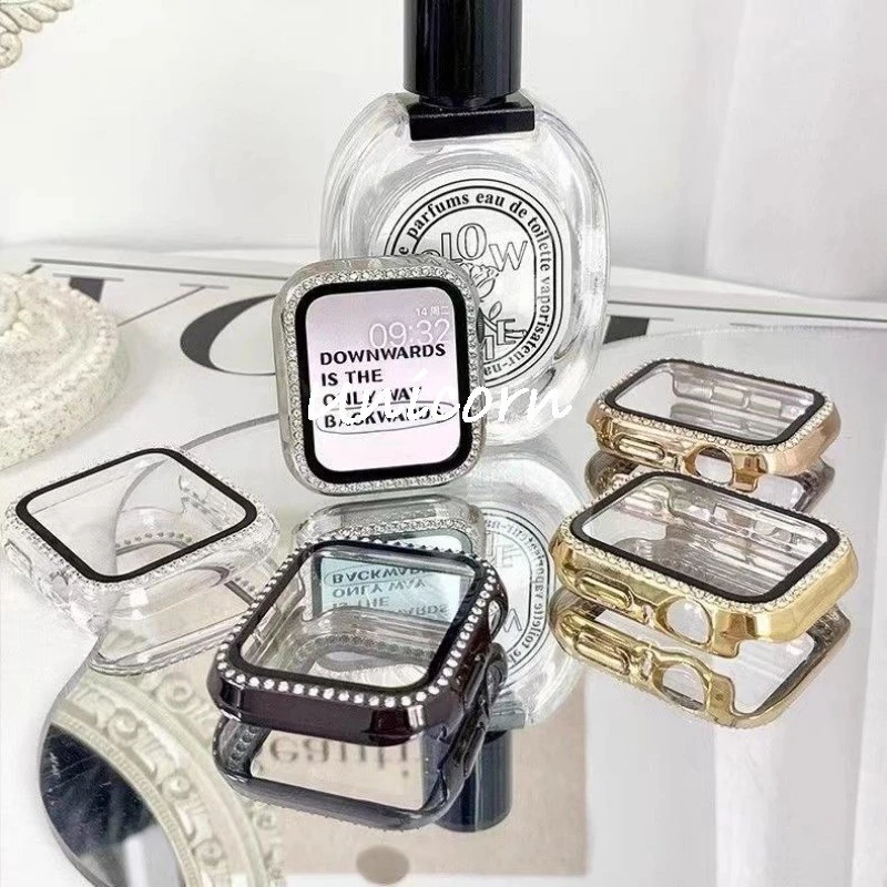 เพชรแก้ว + ฝาครอบ สําหรับ Apple Watch Case 45/41/40/44/42/46 มม. Bling กันชน + หน้าจอ iWatch Series 10 9 8 7 3 6 SE