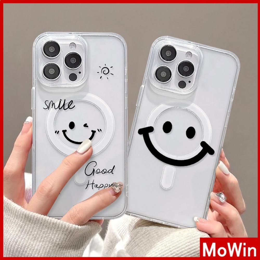 Mowin - สำหรับ iPhone 15 PRO MAX เคส iPhone 11 เสริมสร้างแม่เหล็กอะคริลิคใสกระดานแข็ง TPU กรอบนุ่มกันกระแทก คู่รักยิ้มน่ารัก เข้ากันได้กับ iPhone 14 13 12 11 XS XR 7Plus 8Plus