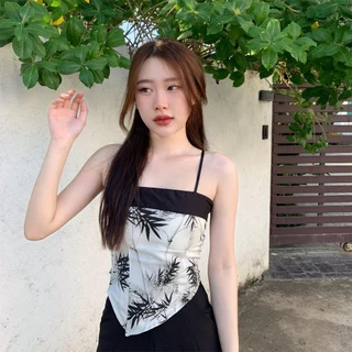 Aurora 🛒พร้อมส่ง🚚 (รูปถ่ายจากงานจริง) เสื้อสายเดี่ยว มีฟองน้ำ ลายใบไม้ สม็อคหลัง สีขาวดำครีม ดีเทลชาย ดูแพง bratop2280
