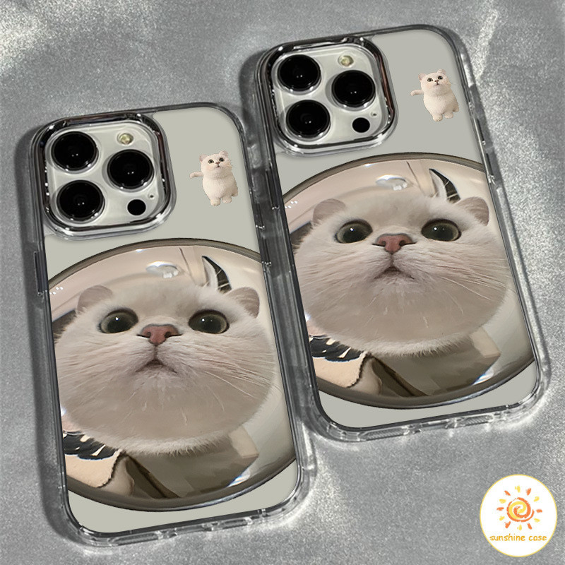 เคสมือถือกรอบรูปโลหะแมวกระจกน่ารัก ไอโฟน11 For iPhone11 12 13 14 15Pro MAX X XS XR XS 6 7 8Plus SE2020 12Miniเคสโทรศัพท์