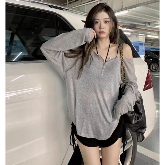 Dahong เสื้อแขนยาวแฟชั่นผู้หญิง Y2K เสื้อสาวอวบ สไตล์เรโทรสีขาวสไตล์เกาหลี ทรงหลวม สไตล์หวานน่ารัก 2366