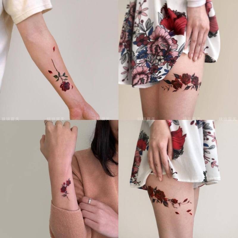 สติกเกอร์รอยสักชั่วคราว ลายดอกกุหลาบ สีแดง กันน้ํา ติดทนนาน 15 วัน