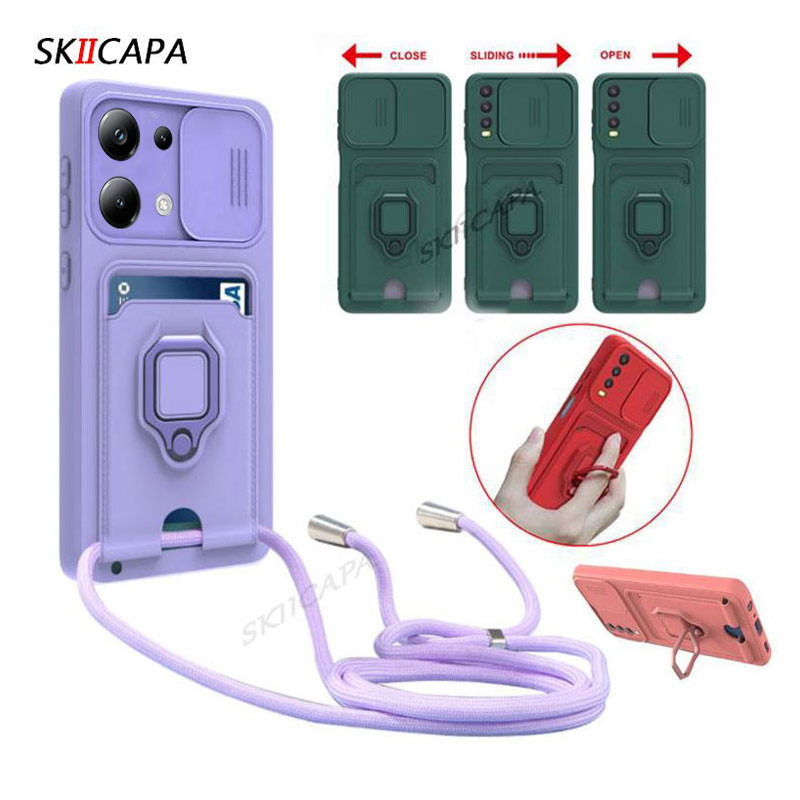 เคสโทรศัพท์มือถือ ซิลิโคน พร้อมช่องใส่บัตร และสายคล้องคอ สําหรับ Xiaomi Redmi Note 13 4G Note 13 Pro Plus