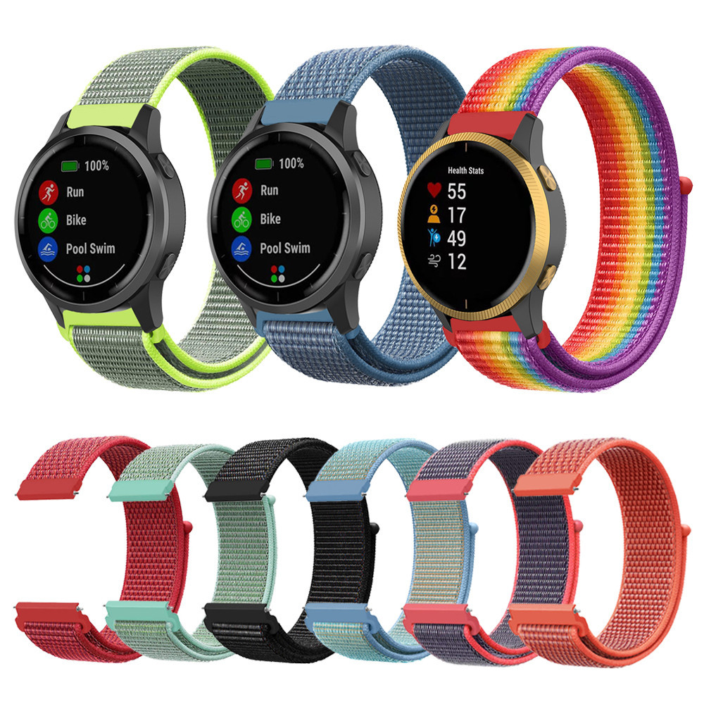 20 มม.ไนลอนกีฬาสายนาฬิกาสําหรับผู้เบิกทาง Garmin 55/245 เพลง/645 Venu SQ Approach S12/S40/S42 Vivoactive 5 3 องค์ประกอบ Vivomove Luxe/HR/สไตล์/แนวโน้ม D2 Air X10 Cheetah Amazfit