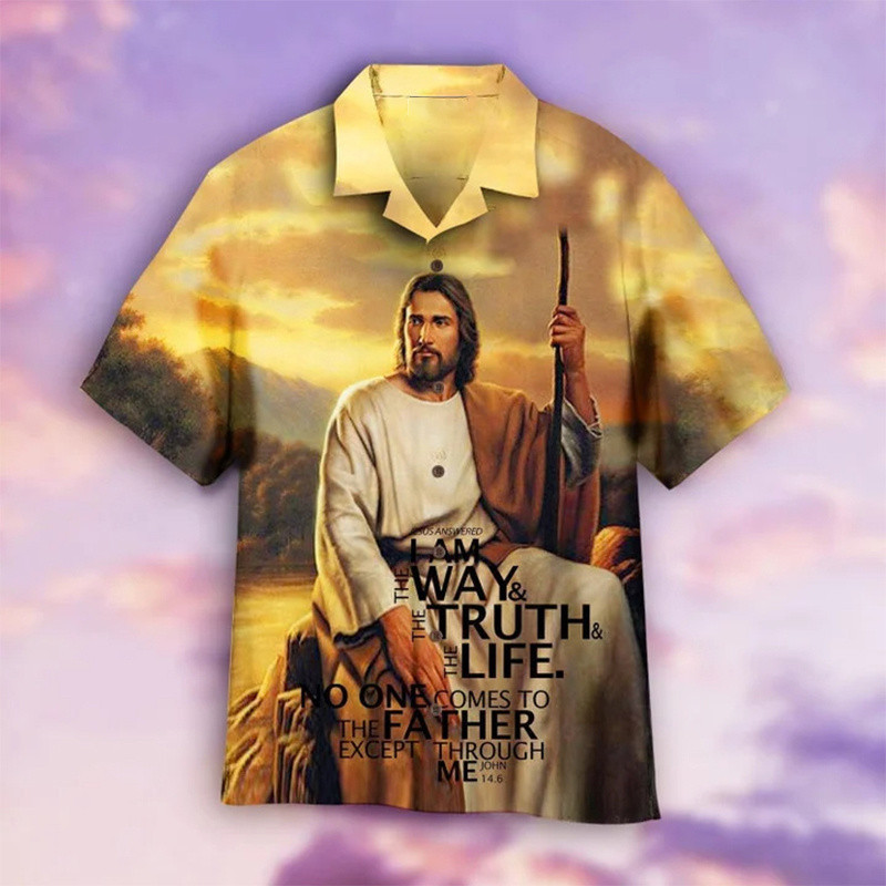 ใหม่ เสื้อเชิ้ต พิมพ์ลายพระเยซูคริสเตียน 3D สไตล์วินเทจ แฟชั่นฤดูร้อน สําหรับผู้ชาย