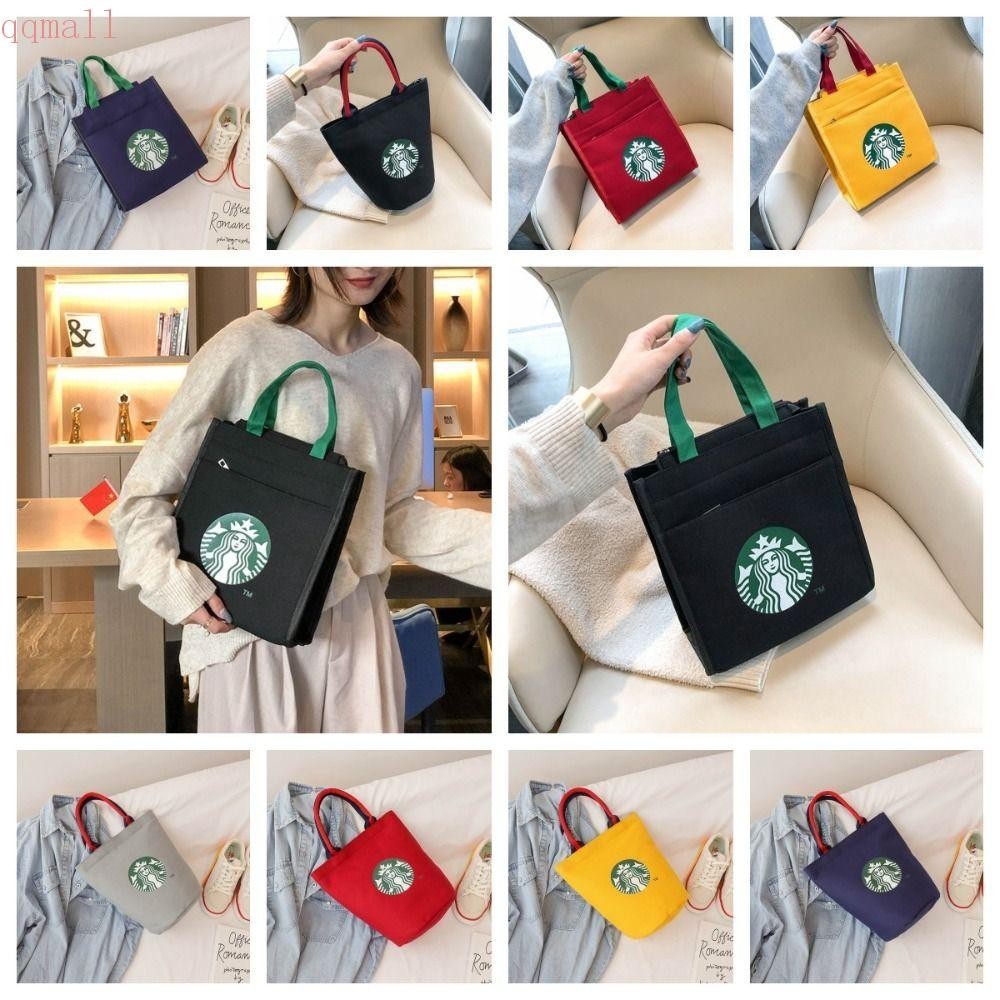Qqmall กระเป๋าถือ กระเป๋าช้อปปิ้ง ผ้าแคนวาส พิมพ์ลาย Starbucks สไตล์เกาหลี สําหรับคุณแม่