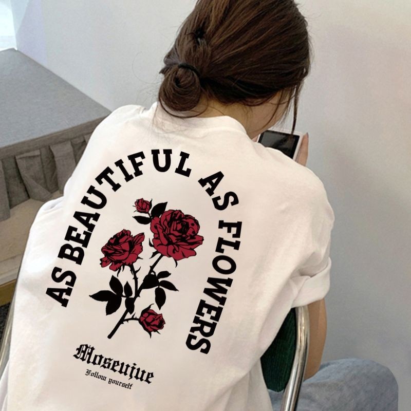 Basi เสื้อยืด ผ้าฝ้าย โอเวอร์ไซส์ ลายดอกไม้กุหลาบROSE คอกลม ชายหญิง แบบนิ่มใส่สบาย สไตล์เกาหลี วินเทจ สีขาว