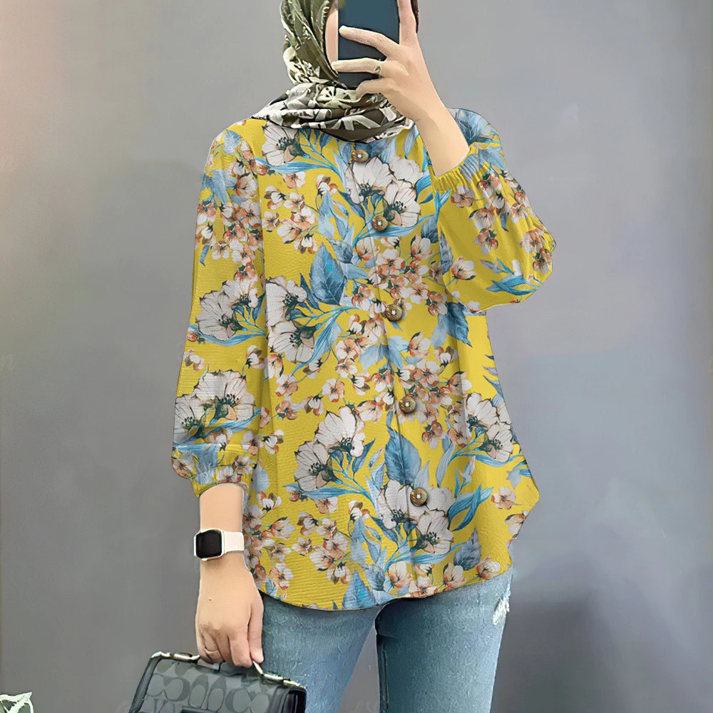 Womens Deepavali เสื้อ 2025 Baju Diwali เสื้อแขนยาวผู้หญิงพัฟแขนดอกไม้รอบคอปุ่มด้านบน