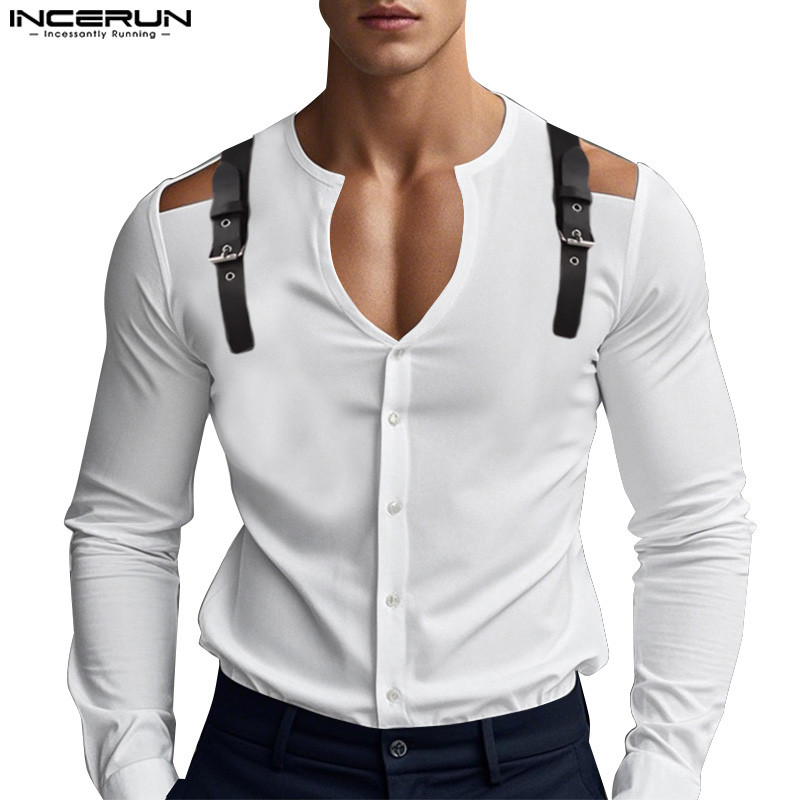 Incerun เสื้อเชิ้ตแขนยาวกลวงติดกระดุมลําลองสําหรับบุรุษวินเทจ