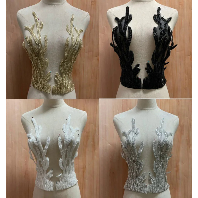 1Pair Gold Silver Black Embroidered Lace Fabric LeavesPatch Wedding Dress Back Diy Flower Lace Appli