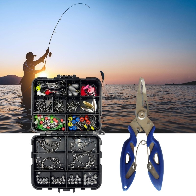 รอกตกปลา พร้อมอุปกรณ์เสริม 188 ชิ้น รวมตะขอ ลูกปัด และจิ๊กเบ็ดในกล่องหลายช่อง