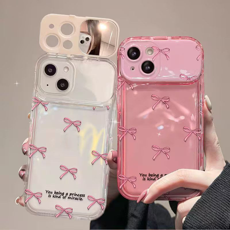 🔥จัดส่งในพื้นที่🔥 เคสโทรศัพท์กระจกแต่งหน้าโบว์สีชมพูเข้ากันได้กับ iPhone X XR XS 11 13 15 12 Pro Max 7 8 14 15 Plus Case