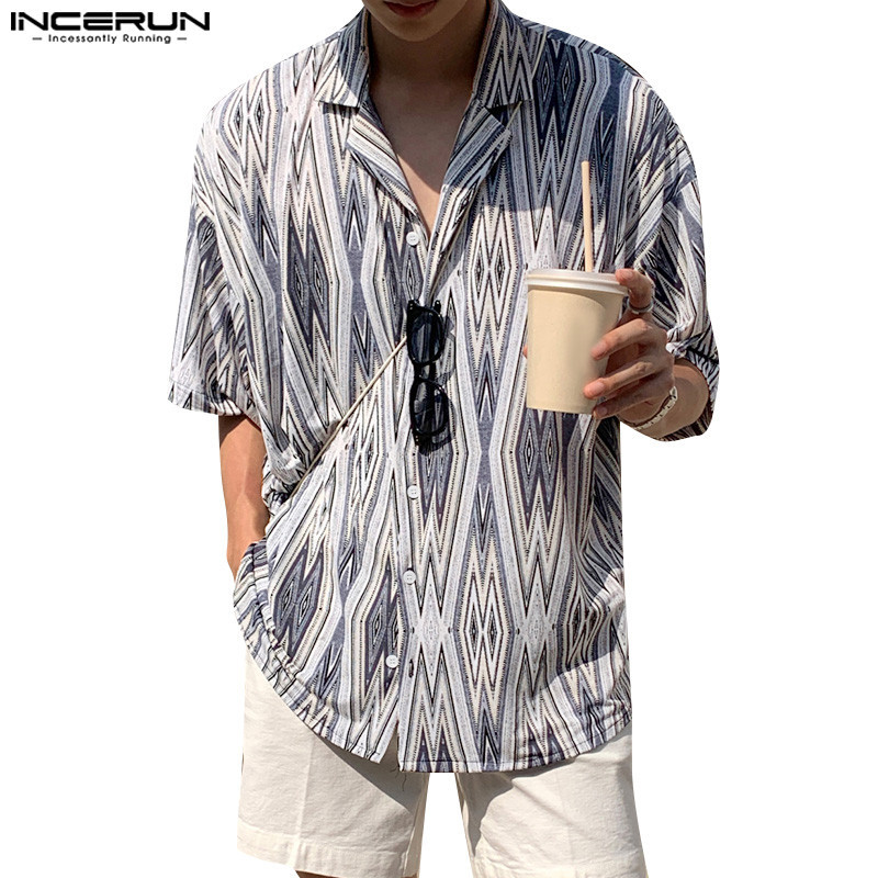 Incerun เสื้อเชิ้ต แขนสั้น คอปก พิมพ์ลายหมากรุก แฟชั่นสําหรับผู้ชาย