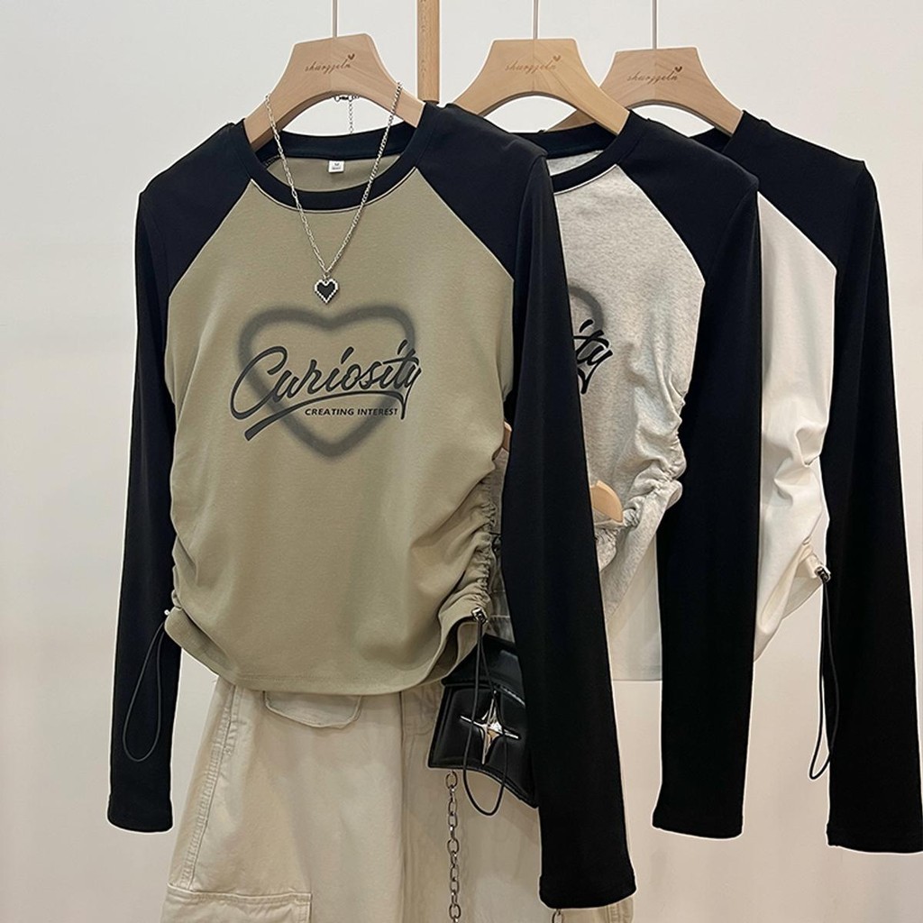Lune_Grace- 2591#เสื้อยืดแขนยาวแฟชั่นเกาหลี สกรีนลายหัวใจสวยๆ แต่งเชือกรุดสองข้าง