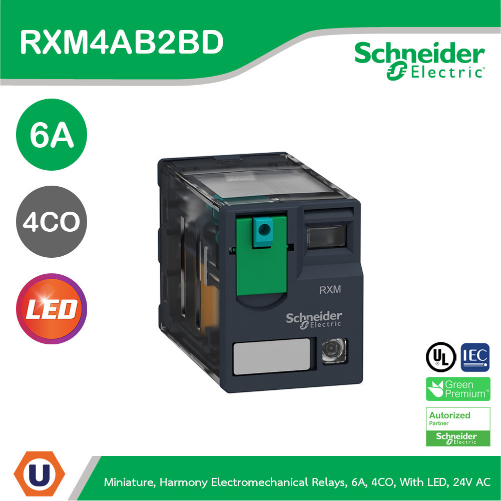 Schneider RXM4AB2BD รีเลย์ แบบ 4 คอนแทคใช้กับไฟ 24 VDC ทนกระแส 6 แอมป์ มีไฟบอกสถานะการทำงาน สั่งซื้อ