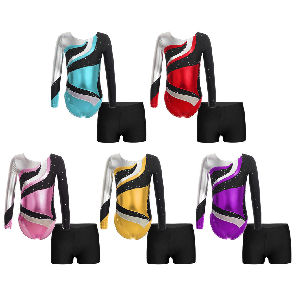 สาวแขนยาวยิมนาสติก Leotard พร้อมกางเกงขาสั้นนักมวยชุดบัลเล่ต์เต้นรํา Unitard Biektard ชุดกีฬา