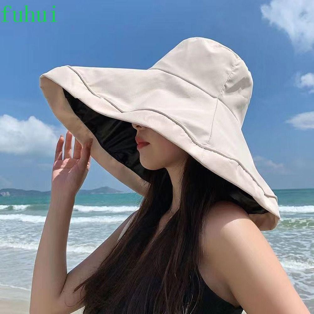 Fuhui หมวกบังแดดลําลอง ป้องกันรังสียูวี ขนาดใหญ่ สีพื้น เหมาะกับชายหาดกลางแจ้ง สไตล์ชาวประมง