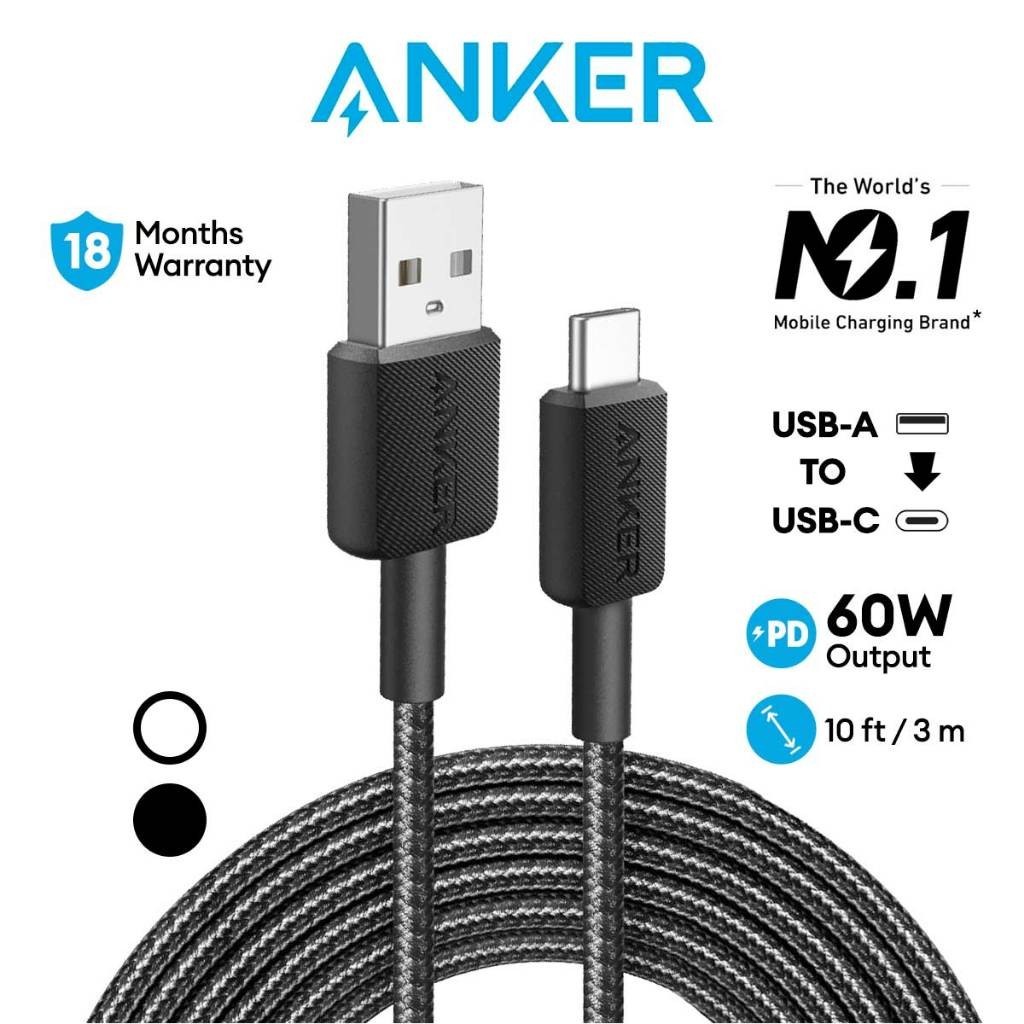 Anker 322 PowerLine สาย USB to Type C สายถัก USB C 10ft USB 2.0 สายชาร์จเร็วสําหรับโทรศัพท์, iPad Pr