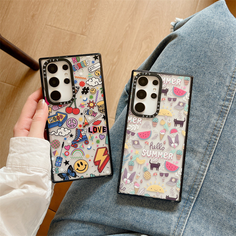 Casetify เคสโทรศัพท์มือถือ อะคริลิคใส กันกระแทก ลายหน้ายิ้มฤดูร้อน สีดํา สําหรับ Samsung Galaxy S24 Ultra S22 S23 Ultra S23 Plus